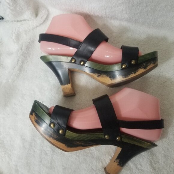 PRICE DROP-YSL Rare Olive & Black Leather Wood Heels - Picture 7 of 11